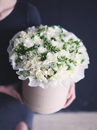 Белая фрезия в шляпной коробке